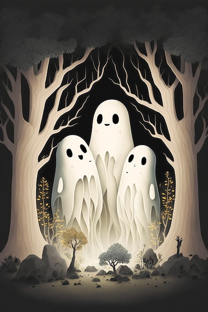 Grupo de três fantasmas em pé em uma floresta generativa ai