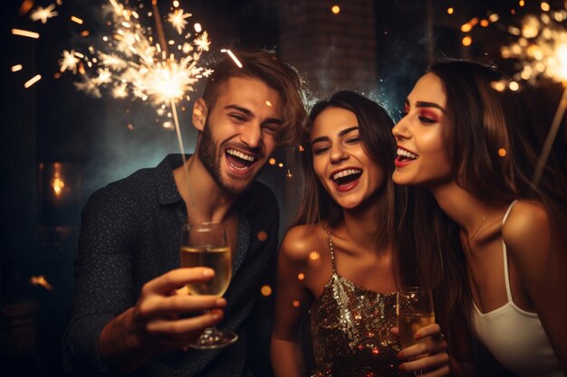 Foto grupo de três pessoas a celebrar a véspera de ano novo