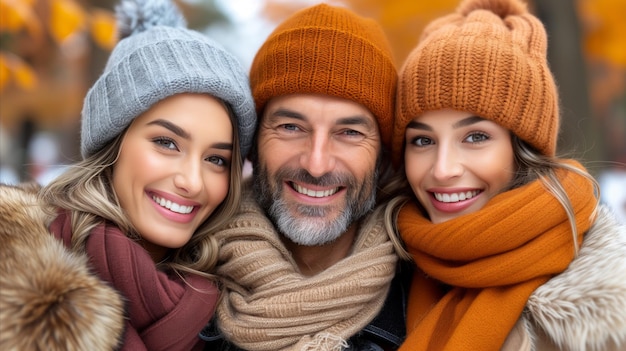 Grupo de três pessoas usando chapéus e lenços de inverno ao ar livre