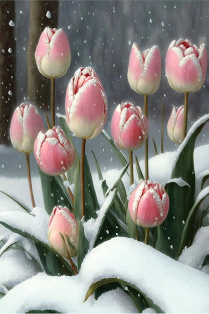 Grupo de tulipas cor de rosa cobertas de neve generativa ai