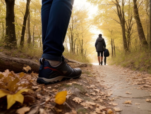 Grupo de turistas caminha pelo caminho da floresta de outono Pés em close Viajando em um pequeno gro