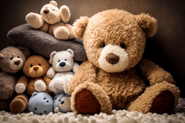 Grupo de ursinhos de pelúcia sentados em cima da cama um ao lado do outro no cobertor Generative AI
