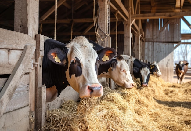 Foto grupo de vacas em um celeiro comendo feno em uma fazenda