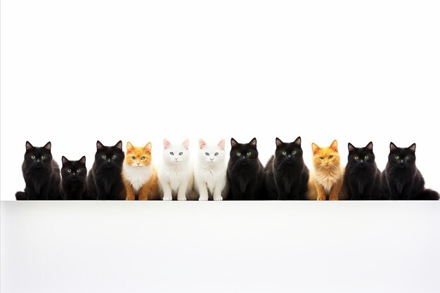 Foto grupo de várias raças de gatos grandes e pequenos isolados em fundo branco com espaço de cópia