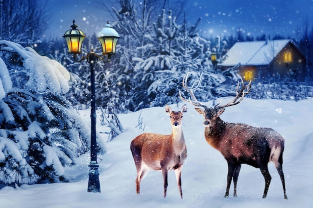 Grupo de veados vermelhos em uma floresta de neve na noite de Natal no contexto da vila e a lanterna Cartão de Ano Novo Imagem composta País de inverno mágico