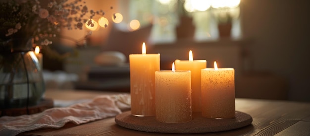 Grupo de velas acesas em uma mesa de madeira