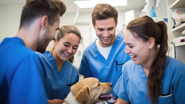 Grupo de veterinários examina o cão na clínica Criado com tecnologia Generative AI