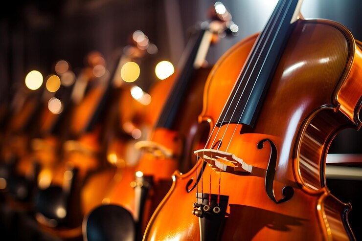 Foto grupo de violinos em uma loja de música nota profundidade de campo rasa