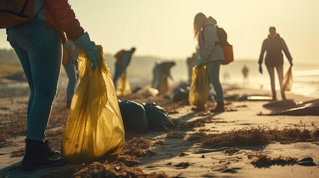 Grupo de voluntários coletando lixo na praia ao pôr do sol Foco seletivo IA generativa