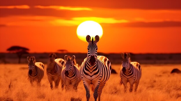 Foto grupo de zebras e gnu com um pôr-do-sol incrível