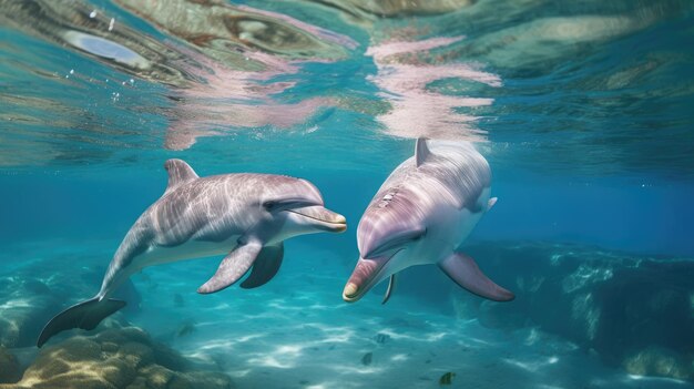 Foto grupo de delfines en colorido bajo el agua ai generativo