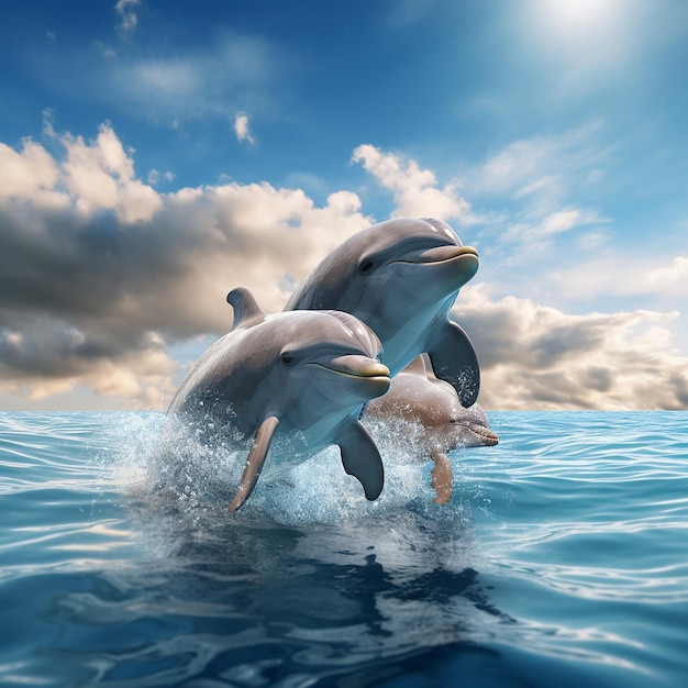 Foto un grupo de delfines en el medio del océano con un fondo azul aislado