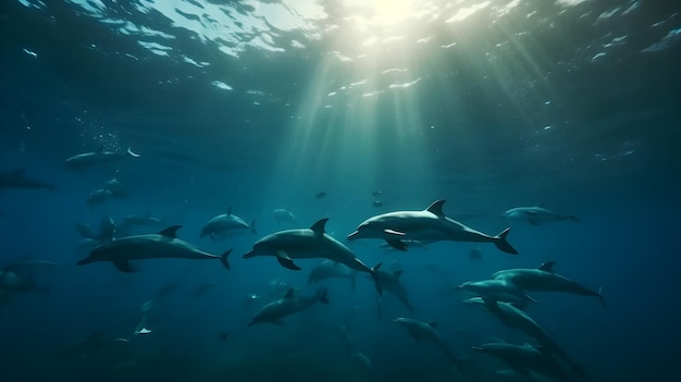 Un grupo de delfines nada en el océano.