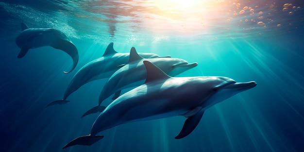 Grupo de delfines nadando en el océano con la luz del sol filtrándose a través del agua y peces nadando a su alrededor IA generativa