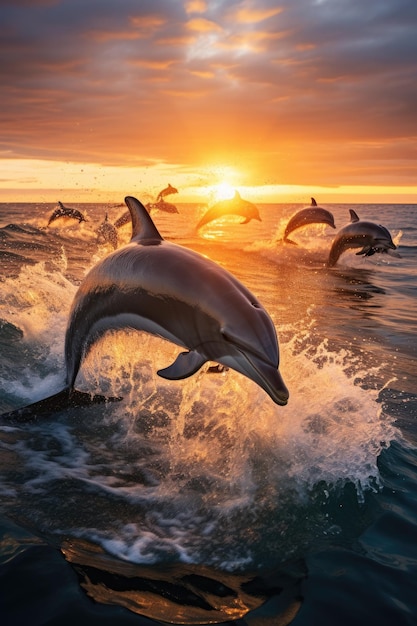 un grupo de delfines saltando del agua al atardecer