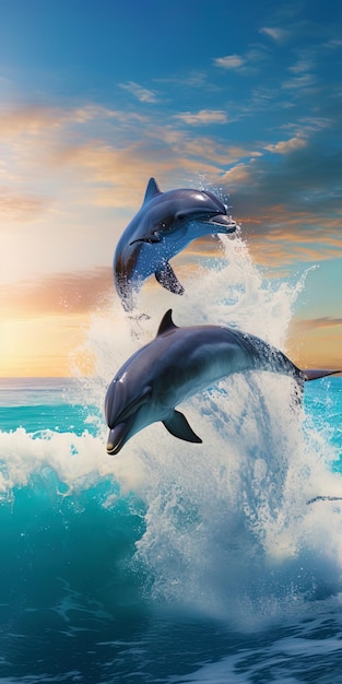 Un grupo de delfines saltando fuera del agua creando un spray lúdico
