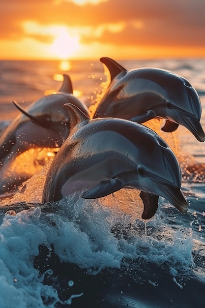 un grupo de delfines saltando con gracia desde el océano contra el telón de fondo de una impresionante puesta de sol
