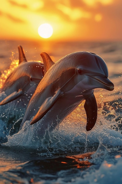 un grupo de delfines saltando con gracia desde el océano contra el telón de fondo de una impresionante puesta de sol