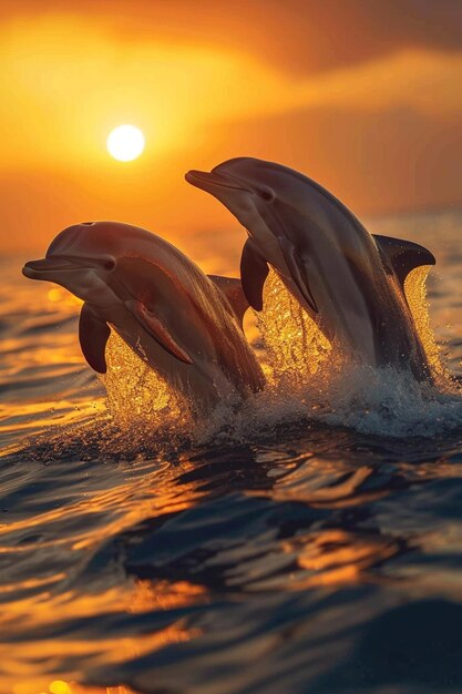 un grupo de delfines saltando con gracia desde el océano contra el telón de fondo de una impresionante puesta de sol