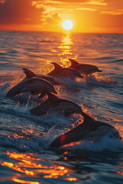 Foto un grupo de delfines saltando con gracia desde el océano contra el telón de fondo de una impresionante puesta de sol