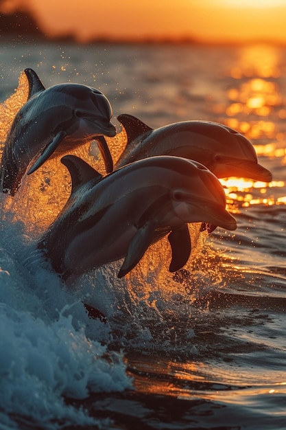 un grupo de delfines saltando con gracia desde el océano contra el telón de fondo de una impresionante puesta de sol