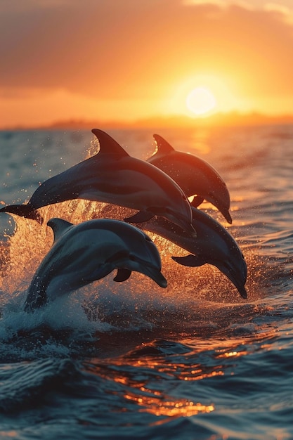 un grupo de delfines saltando con gracia desde el océano contra el telón de fondo de una impresionante puesta de sol