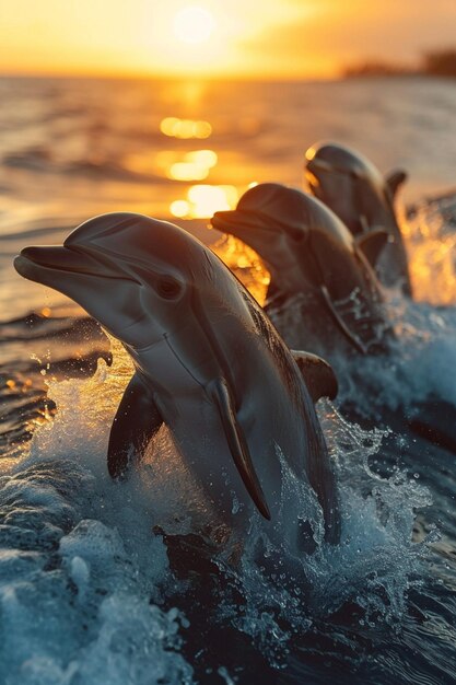 Foto un grupo de delfines saltando con gracia desde el océano contra el telón de fondo de una impresionante puesta de sol