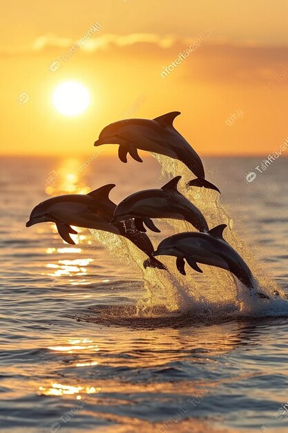 un grupo de delfines saltando con gracia desde el océano contra el telón de fondo de una impresionante puesta de sol