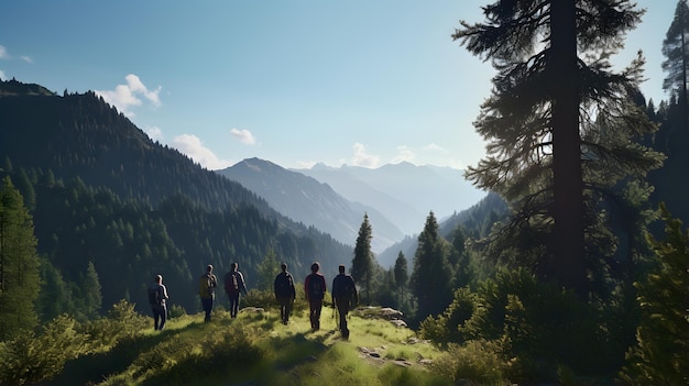 Grupo de deportistas caminando en las montañas