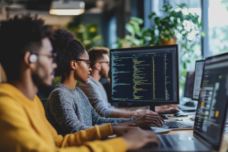 Foto un grupo de desarrolladores hombres y mujeres que trabajan juntos para programar un sitio web de comercio electrónico