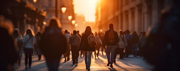 Foto grupo desenfocado de individuos caminando por una calle concurrida durante la puesta de sol concept street photography urban lifestyle cityscape candid moments golden hour