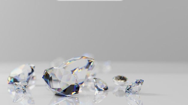 grupo de diamantes aislados en fondo blanco, gema de cristal de lujo, representación 3d