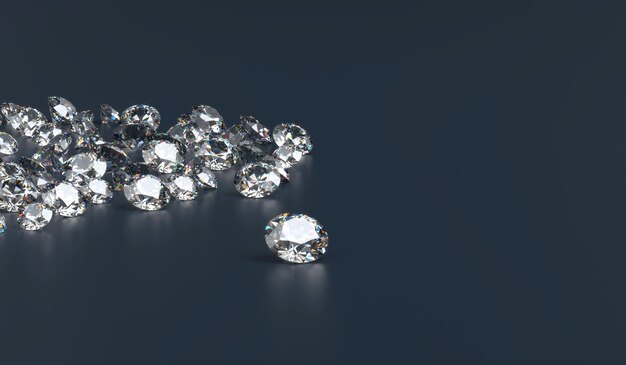 Grupo de diamantes colocado en fondo negro con renderización 3D de enfoque suave