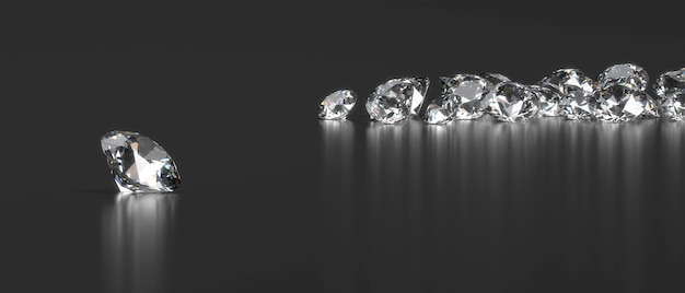 Grupo de diamantes redondos colocados en la representación 3d de fondo brillante oscuro