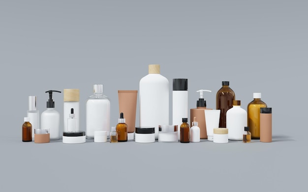 Grupo de diferentes botellas y frascos cosméticos d render