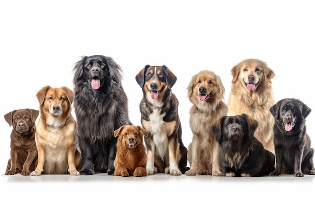 Foto grupo de diferentes razas de perros sobre un fondo blanco.