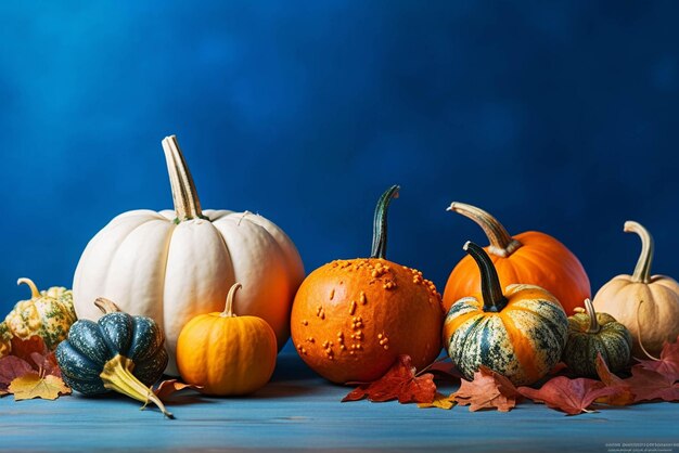 Foto grupo de diferentes tipos de calabazas en una mesa de madera y fondo azul