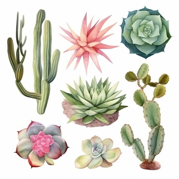 Un grupo de diferentes tipos de plantas de cactus en un ai generativo de fondo blanco