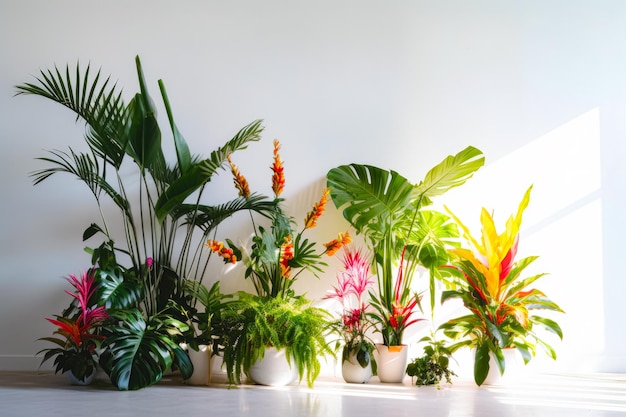 Grupo de diferentes tipos de plantas en macetas blancas sobre pared blanca IA generativa