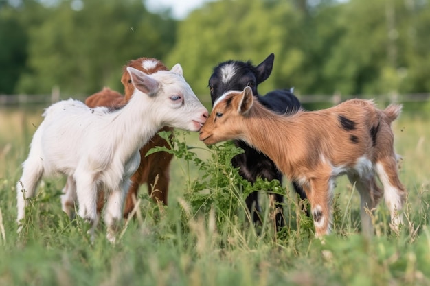 Grupo de diminutas cabras juguetonamente dándose cabezazos en un prado creado con ai generativo