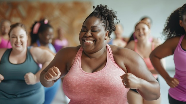 Un grupo dinámico de mujeres gordas enérgicamente involucradas en una clase de fitness de baile sus movimientos llenos de vitalidad y alegría reflejando el poder liberador de la danza y la celebración de diversos tipos de cuerpo