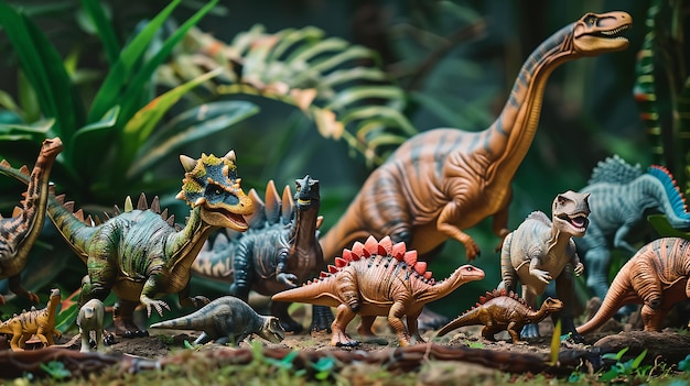 Un grupo de dinosaurios están caminando a través de un bosque exuberante los dinosaurios son de diferentes tamaños y formas y todos están buscando comida