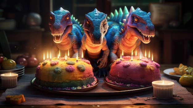 Un grupo de dinosaurios se ilumina con velas.