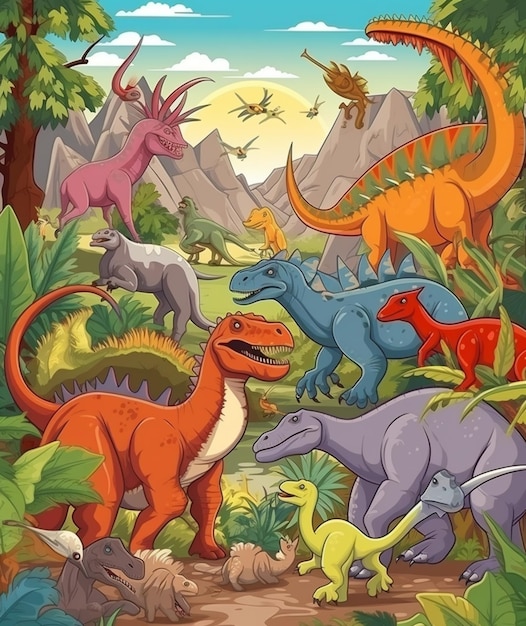Foto un grupo de dinosaurios en la jungla con montañas y árboles generativos ai