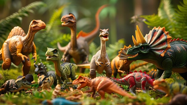 Foto un grupo de dinosaurios se reúnen en un bosque exuberante