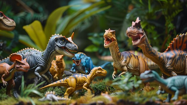 Foto un grupo de dinosaurios se reúnen en un entorno exuberante de la selva