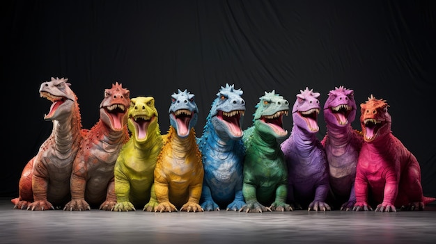 Un grupo de dinosaurios de varios colores alineados juntos con sus bocas abiertas y dientes que muestran