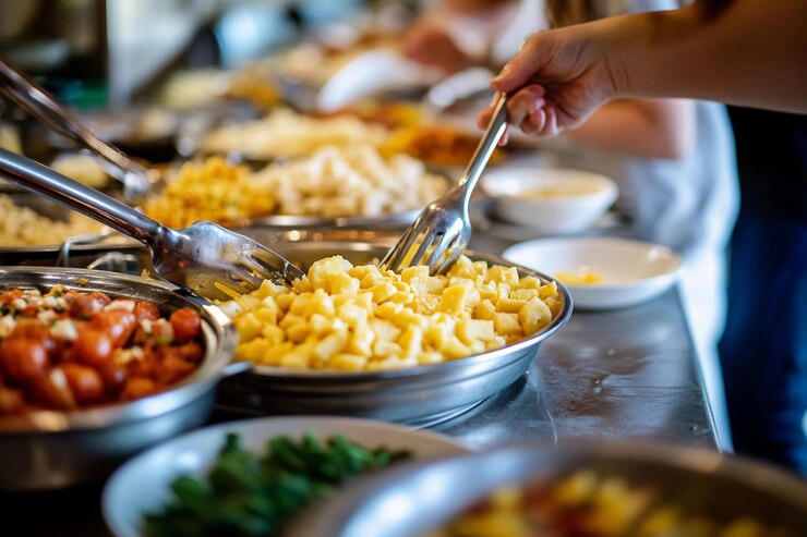 Grupo disfrutando de un buffet con varios platos e ingredientes frescos en un restaurante IA generativa