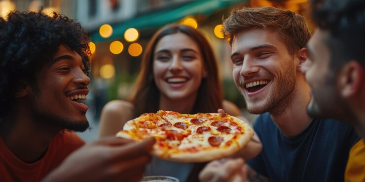 Grupo disfrutando de pizza y cerveza