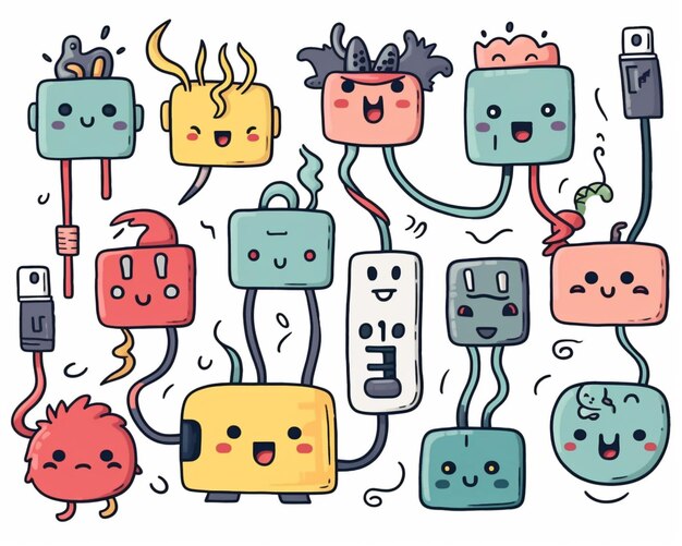 Foto un grupo de dispositivos eléctricos de dibujos animados con caras y cables generativos ai